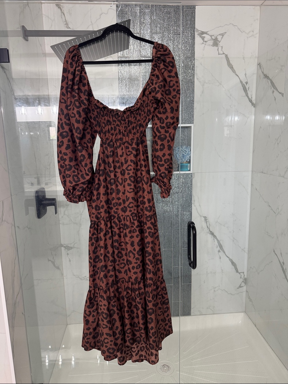 Brown Leopard Print Puff Sleeve Midi Dress - Picture 1 of 4